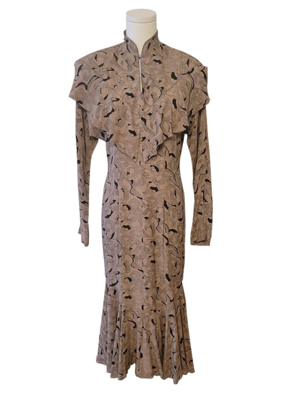 Vintage 80's Nicole Miller Tan & Black Maxi Dress Size 10